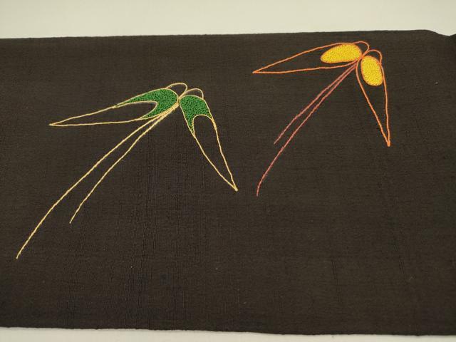 平和屋着物●中国三大刺繍　相良刺繍　総刺繍　つけ帯　紬地　舞蝶文　黒地　正絹　逸品　DABD0227op