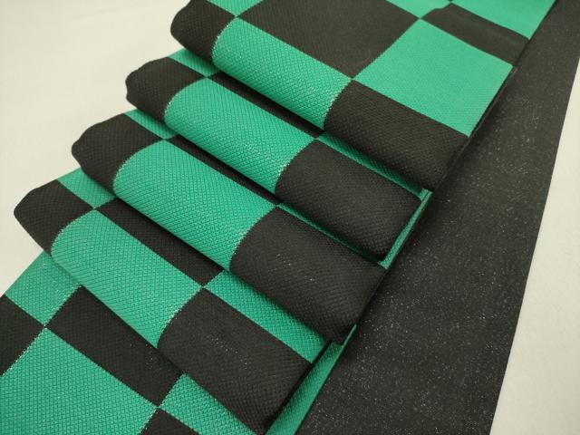 平和屋着物●半幅帯　市松　緑×黒　正絹　逸品　未使用　DABD0228op
