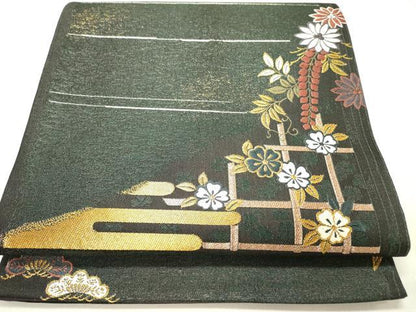 平和屋着物●染色作家　草野一騎　六通柄袋帯　唐織　草花　金糸　正絹　逸品　DABD0231op