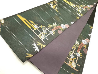 平和屋着物●染色作家　草野一騎　六通柄袋帯　唐織　草花　金糸　正絹　逸品　DABD0231op