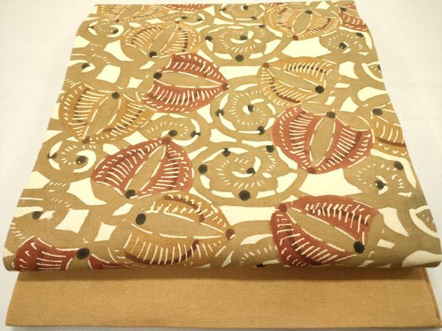 平和屋着物●九寸開き名古屋帯　型染　草花　鬼しぼ縮緬　正絹　逸品　DABD0232op