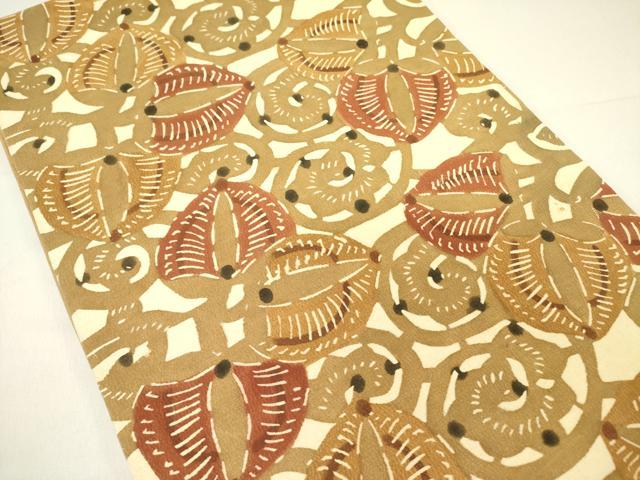 平和屋着物●九寸開き名古屋帯　型染　草花　鬼しぼ縮緬　正絹　逸品　DABD0232op