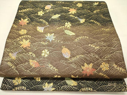 平和屋着物●ファッションデザイナー 花井幸子　両面　六通柄袋帯　唐織　立波花文　金糸　正絹　逸品　DABD0239op