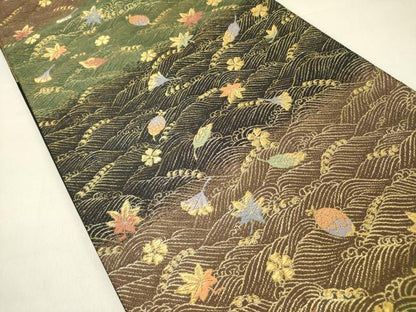 平和屋着物●ファッションデザイナー 花井幸子　両面　六通柄袋帯　唐織　立波花文　金糸　正絹　逸品　DABD0239op