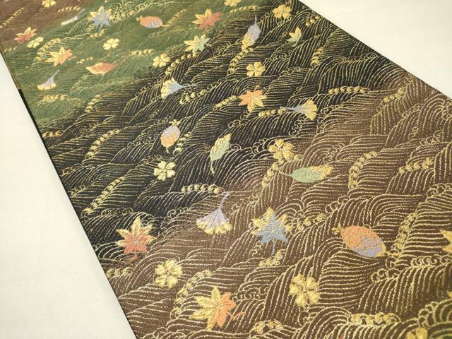 平和屋着物●ファッションデザイナー 花井幸子　両面　六通柄袋帯　唐織　立波花文　金糸　正絹　逸品　DABD0239op