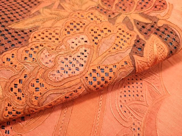 平和屋着物●中国三大刺繍　スワトウ刺繍　汕頭刺繍　総刺繍　九寸名古屋帯　紬地　舞蝶花文　正絹　逸品　DABD0244op