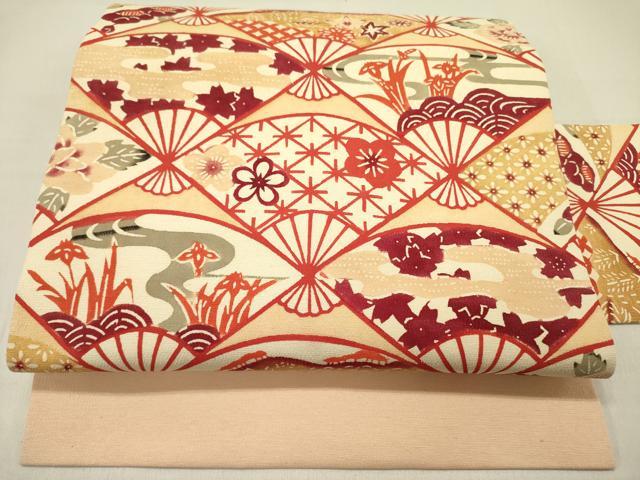 平和屋着物●九寸名古屋帯　紬地　型染　扇面花文　逸品　DABD0249op