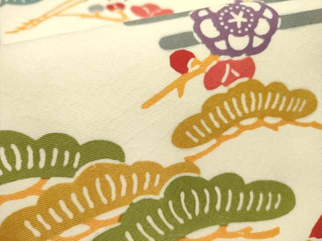 平和屋着物●塩瀬　九寸名古屋帯　型染　飛鶴花松文　正絹　逸品　DABD0253op