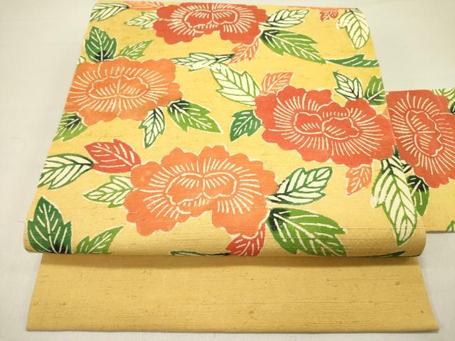 平和屋着物●九寸名古屋帯　紬地　型染　草花　正絹　逸品　DABD0262op