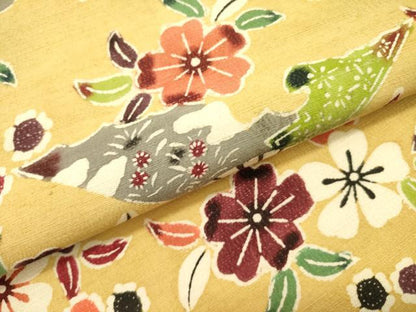 平和屋着物●九寸名古屋帯　紬地　型染　舞桜　扇面花文　正絹　逸品　DABD0263op