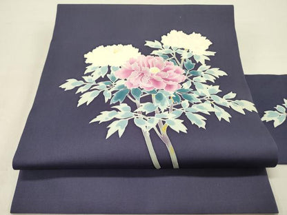 平和屋着物●塩瀬　九寸名古屋帯　作家物　刺繍　牡丹　銀糸　正絹　逸品　DABD0267op