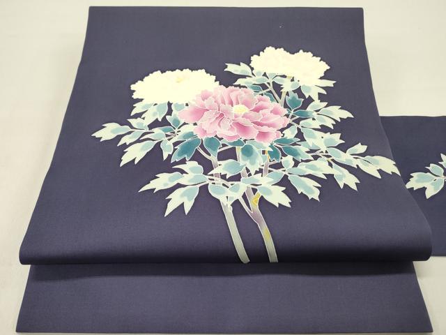 平和屋着物●塩瀬　九寸名古屋帯　作家物　刺繍　牡丹　銀糸　正絹　逸品　DABD0267op
