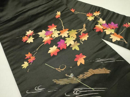 平和屋着物●アンティーク　大正ロマン　九寸名古屋帯　総手刺繍　枝楓文　黒地　金糸　正絹　逸品　DABD0271op