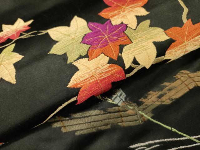 平和屋着物●アンティーク　大正ロマン　九寸名古屋帯　総手刺繍　枝楓文　黒地　金糸　正絹　逸品　DABD0271op