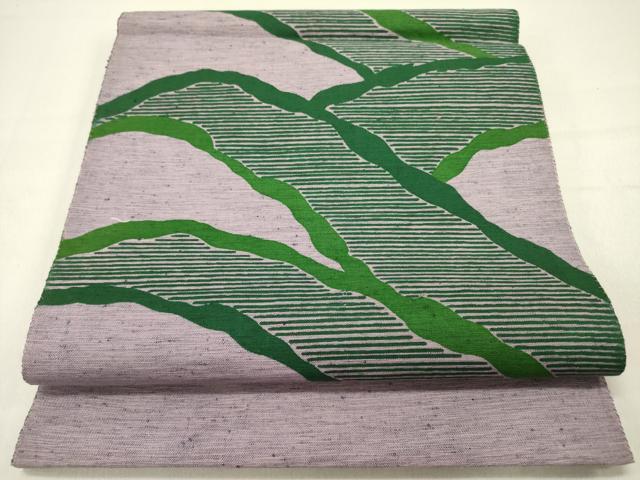 平和屋着物●八寸名古屋帯　紬地　型染　立波文　正絹　逸品　DABD0278op
