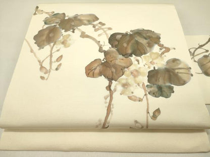 平和屋着物●手描友禅女流作家　一色生子　塩瀬　九寸名古屋帯　手描き　蔦の葉文　正絹　逸品　DABD0285op
