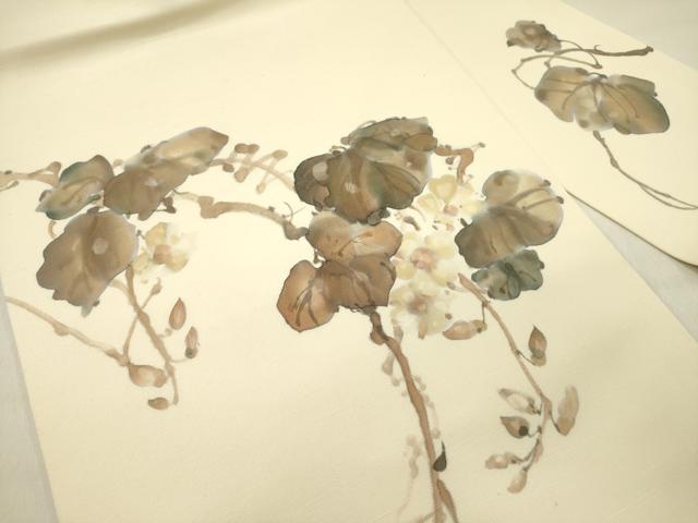 平和屋着物●手描友禅女流作家　一色生子　塩瀬　九寸名古屋帯　手描き　蔦の葉文　正絹　逸品　DABD0285op