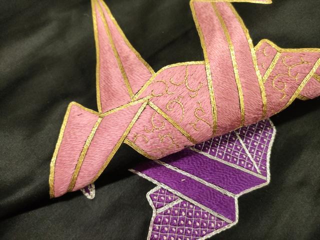 平和屋着物●アンティーク　大正ロマン　中国三大刺繍　相良刺繍　総刺繍　九寸名古屋帯　駒刺繍　折り鶴　黒地　正絹　逸品　DABD0291op
