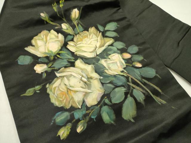平和屋着物●アンティーク　大正ロマン　九寸名古屋帯　手描き　草花　黒地　正絹　逸品　DABD0292op