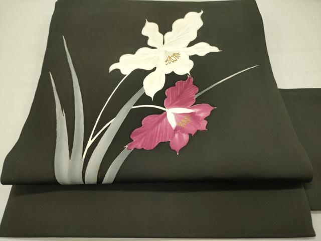 平和屋着物●塩瀬　九寸名古屋帯　草花　黒地　金彩　正絹　逸品　DABD0293op