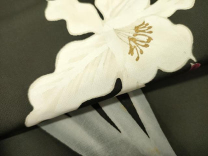 平和屋着物●塩瀬　九寸名古屋帯　草花　黒地　金彩　正絹　逸品　DABD0293op