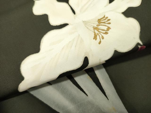 平和屋着物●塩瀬　九寸名古屋帯　草花　黒地　金彩　正絹　逸品　DABD0293op