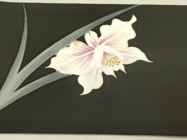 平和屋着物●塩瀬　九寸名古屋帯　草花　黒地　金彩　正絹　逸品　DABD0293op