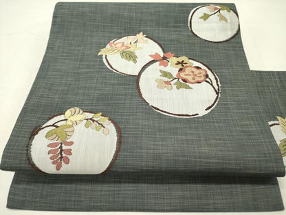 平和屋着物●九寸名古屋帯　紬地　花丸文　正絹　逸品　DABD0306op