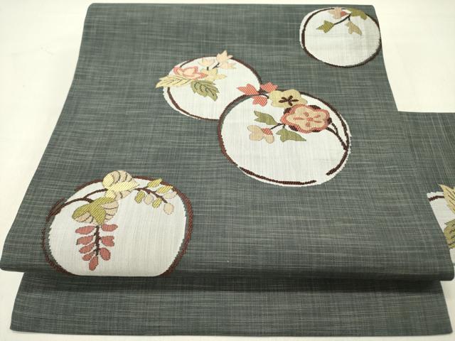平和屋着物●九寸名古屋帯　紬地　花丸文　正絹　逸品　DABD0306op