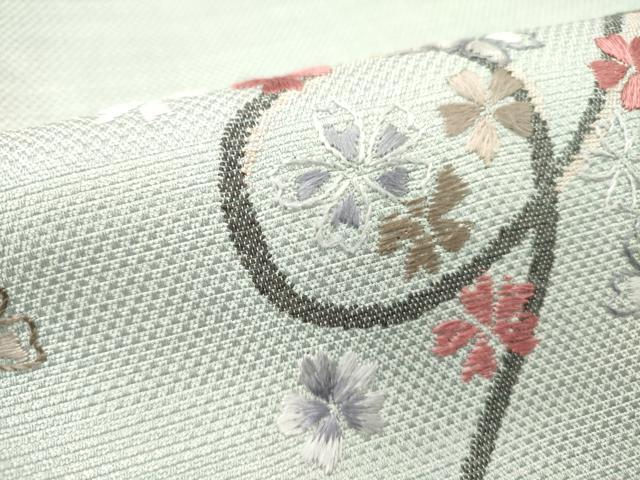 平和屋着物●九寸名古屋帯　総刺繍　舞桜　正絹　逸品　DABD0307op