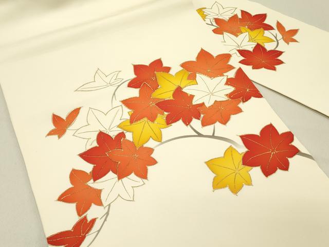 平和屋着物●塩瀬　九寸名古屋帯　駒刺繍　枝楓文　金彩　正絹　逸品　DABD0313op