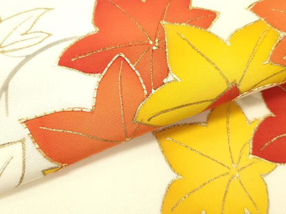 平和屋着物●塩瀬　九寸名古屋帯　駒刺繍　枝楓文　金彩　正絹　逸品　DABD0313op