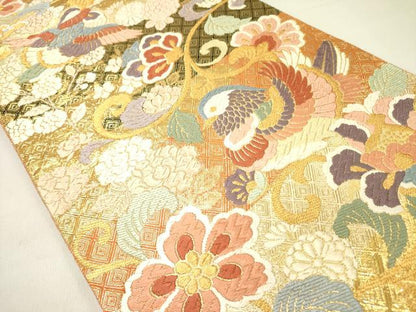 平和屋着物●佐賀錦　六通柄袋帯　唐織　鴛鴦花文　金糸　正絹　逸品　DABD0319op