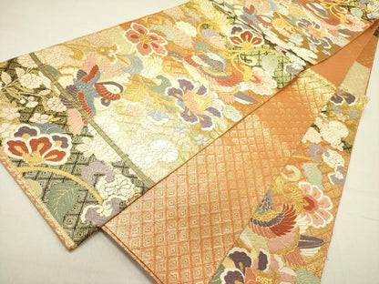 平和屋着物●佐賀錦　六通柄袋帯　唐織　鴛鴦花文　金糸　正絹　逸品　DABD0319op