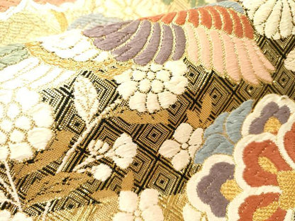 平和屋着物●佐賀錦　六通柄袋帯　唐織　鴛鴦花文　金糸　正絹　逸品　DABD0319op