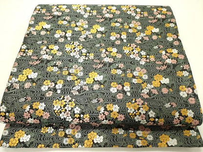 平和屋着物●全通柄袋帯　唐織　草花　黒地　正絹　逸品　未使用　DABD0324op