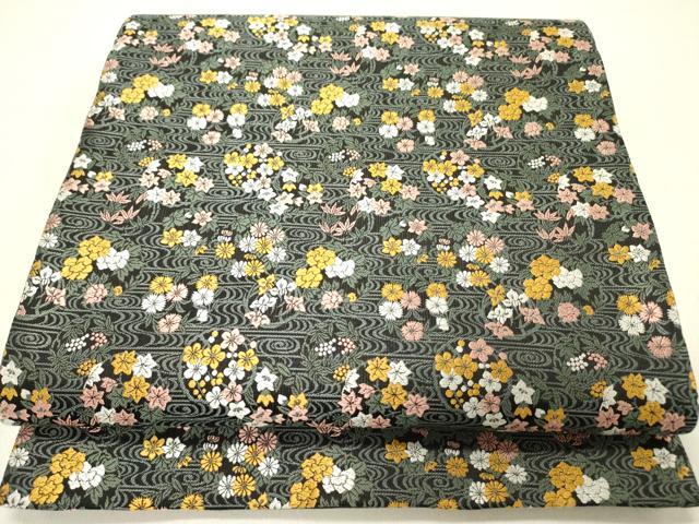 平和屋着物●全通柄袋帯　唐織　草花　黒地　正絹　逸品　未使用　DABD0324op