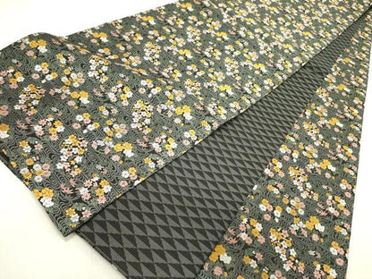 平和屋着物●全通柄袋帯　唐織　草花　黒地　正絹　逸品　未使用　DABD0324op