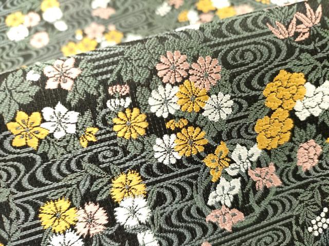 平和屋着物●全通柄袋帯　唐織　草花　黒地　正絹　逸品　未使用　DABD0324op