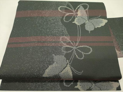 平和屋着物●九寸名古屋帯　舞蝶文　黒地　正絹　逸品　未使用　DABD0329op