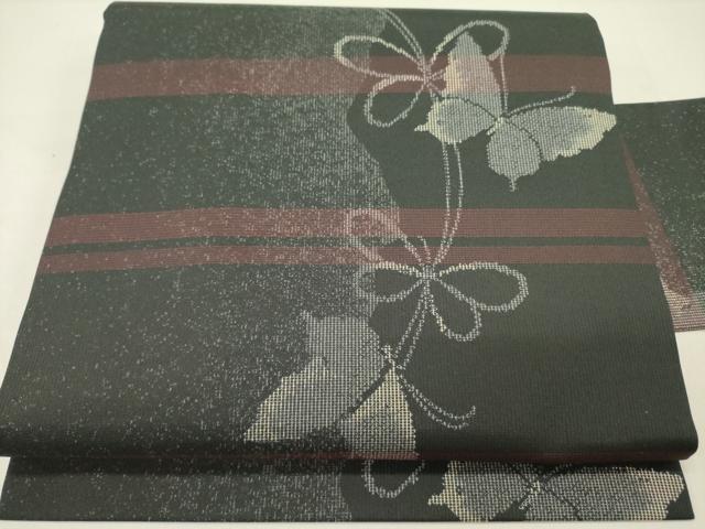 平和屋着物●九寸名古屋帯　舞蝶文　黒地　正絹　逸品　未使用　DABD0329op