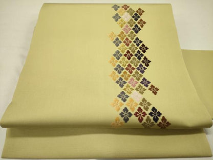平和屋着物●塩瀬　九寸名古屋帯　唐織　作家物　花菱文　金糸　正絹　逸品　DABD0330op