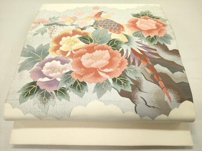 平和屋着物●爪掻き本綴れ　八寸名古屋帯　尾長鳥花文　金銀糸　正絹　逸品　DABD0333op