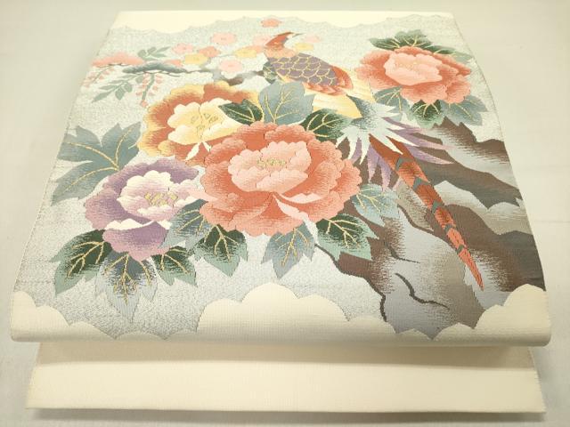 平和屋着物●爪掻き本綴れ　八寸名古屋帯　尾長鳥花文　金銀糸　正絹　逸品　DABD0333op