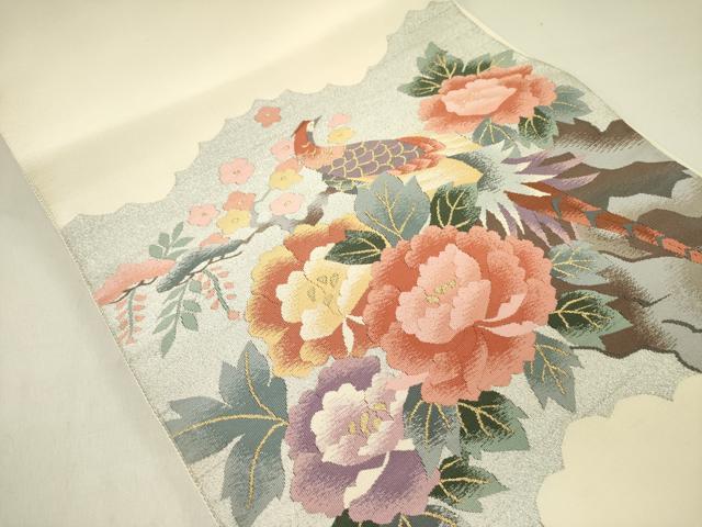 平和屋着物●爪掻き本綴れ　八寸名古屋帯　尾長鳥花文　金銀糸　正絹　逸品　DABD0333op