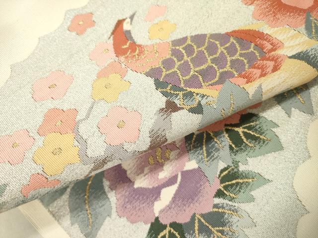 平和屋着物●爪掻き本綴れ　八寸名古屋帯　尾長鳥花文　金銀糸　正絹　逸品　DABD0333op