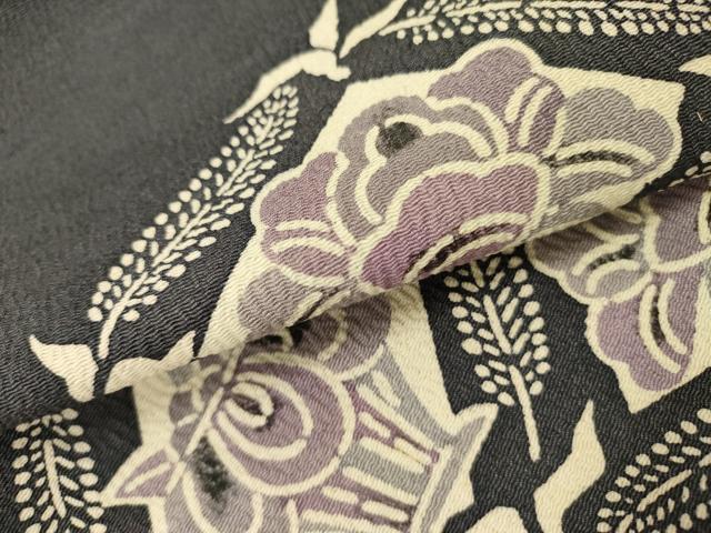 平和屋着物●九寸名古屋帯　型染　草花　鬼しぼ縮緬　正絹　逸品　DABD0335op