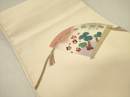 平和屋着物●爪掻き本綴れ　八寸名古屋帯　扇面花文　金銀糸　正絹　逸品　DABD0336op