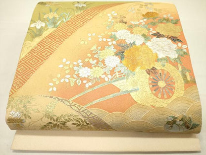 平和屋着物●太鼓柄袋帯　綴れ　飛鶴花車文　金銀彩　正絹　逸品　DABD0338op
