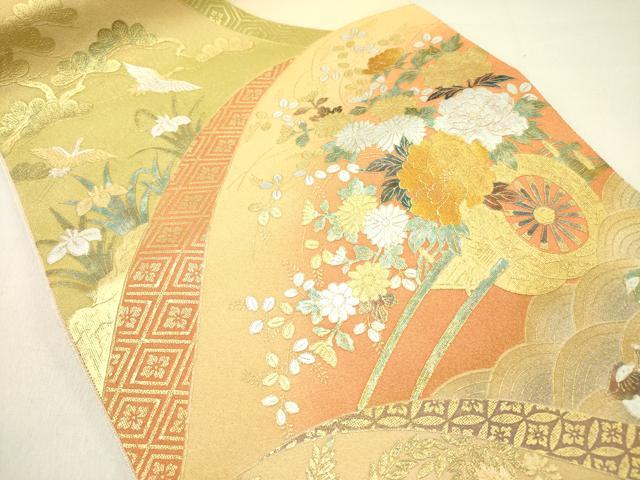 平和屋着物●太鼓柄袋帯　綴れ　飛鶴花車文　金銀彩　正絹　逸品　DABD0338op
